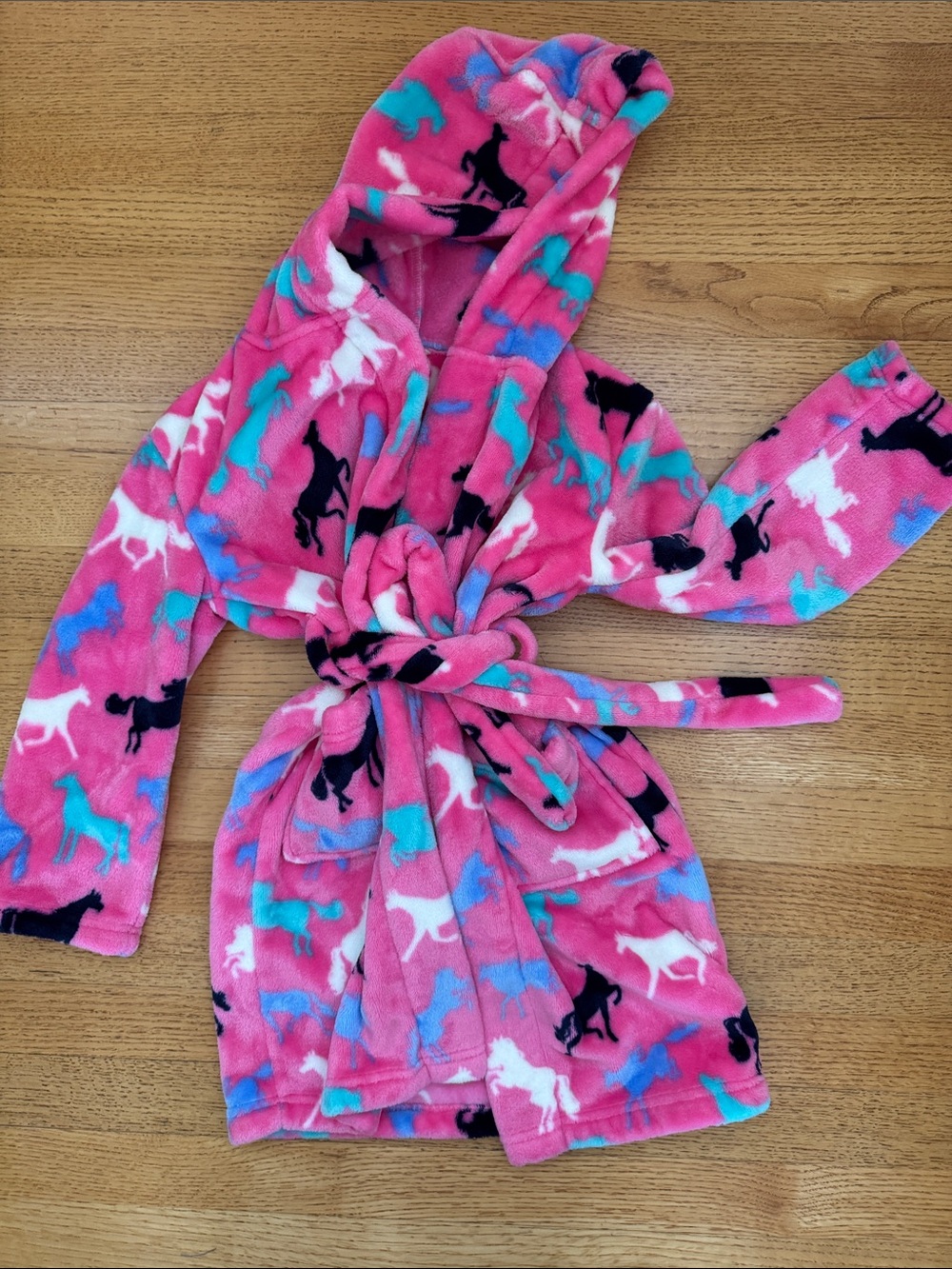Hatley Girls' Pink Hooded Fleece Robe with Horse Pattern